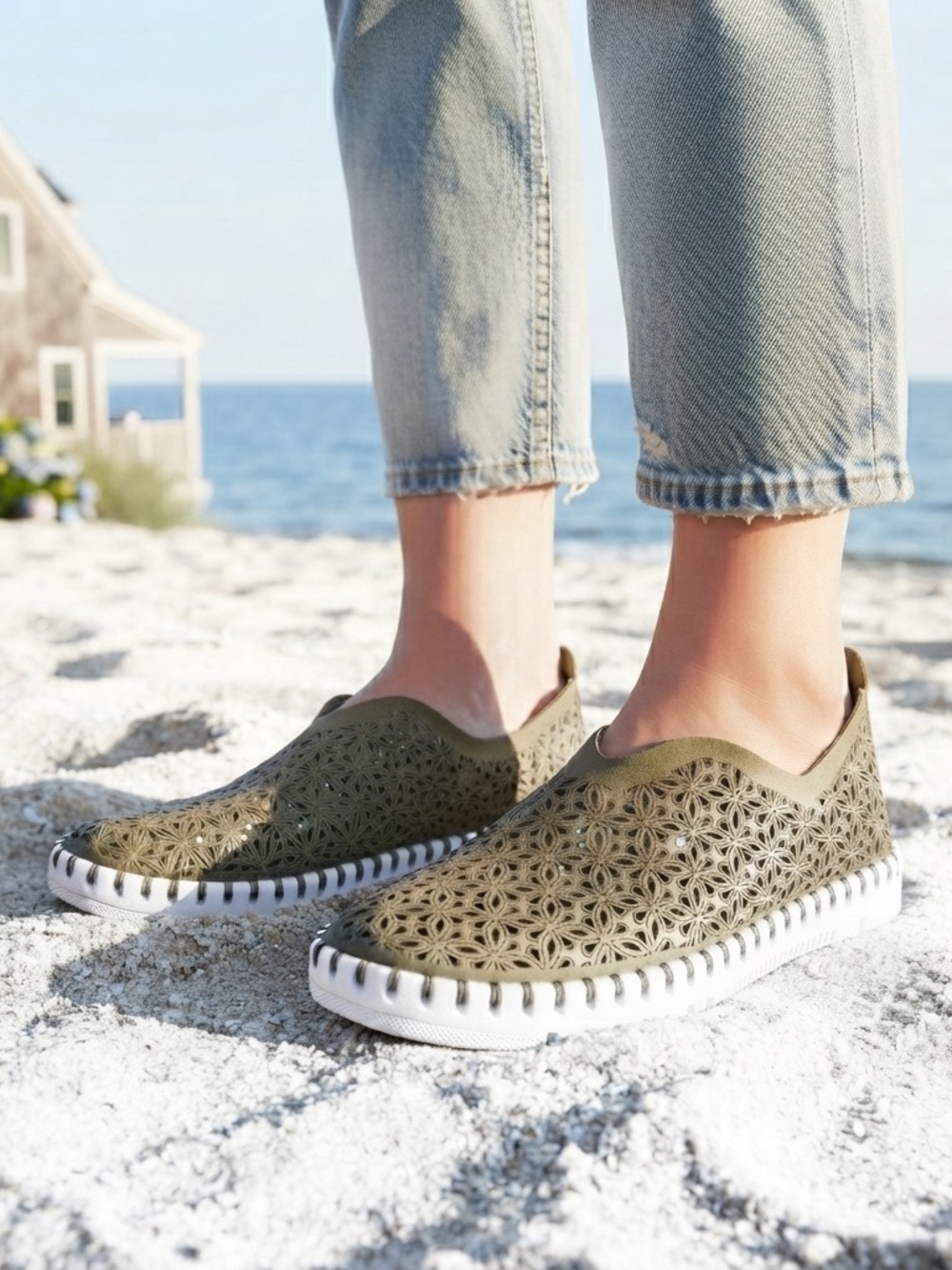 Project Cloud Olive Green Laser-Cut Slip-On Sneaker fit like 8.5 Coastal